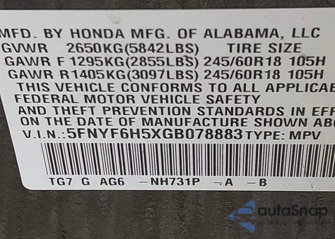 2016 Honda Pilot Ex-L z USA, uszkodzony, nr VIN 5FNYF6H5XGB078883